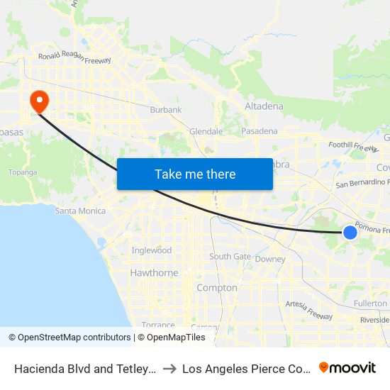 Hacienda Blvd and Tetley St N to Los Angeles Pierce College map