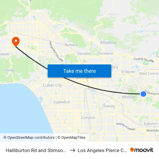 Halliburton Rd and Stimson Ave E to Los Angeles Pierce College map