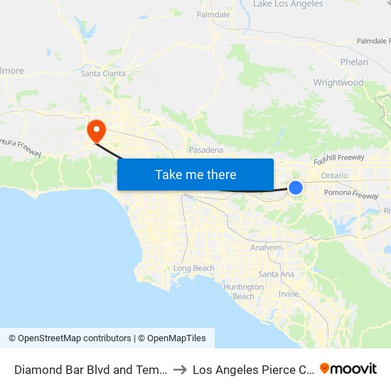 Diamond Bar Blvd and Temple Ave to Los Angeles Pierce College map