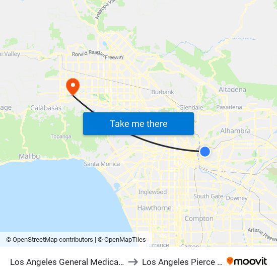 Los Angeles General Medical Center W to Los Angeles Pierce College map
