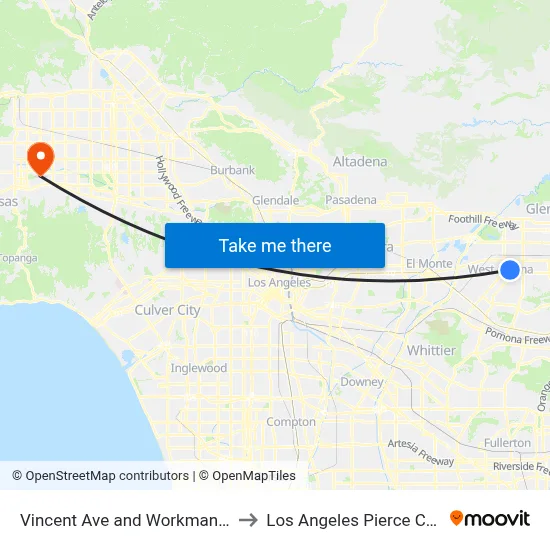 Vincent Ave and Workman Ave N to Los Angeles Pierce College map
