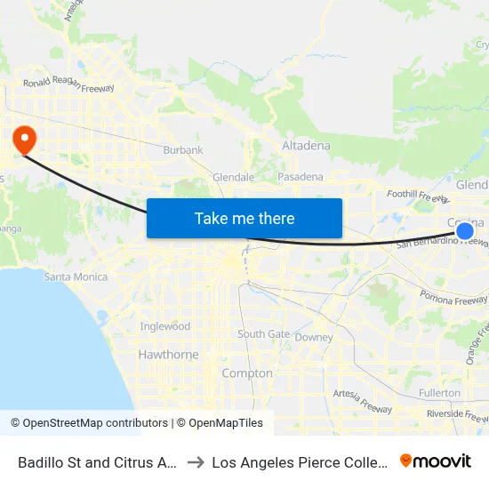 Badillo St and Citrus Ave to Los Angeles Pierce College map