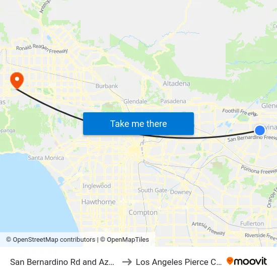 San Bernardino Rd and Azusa Ave to Los Angeles Pierce College map