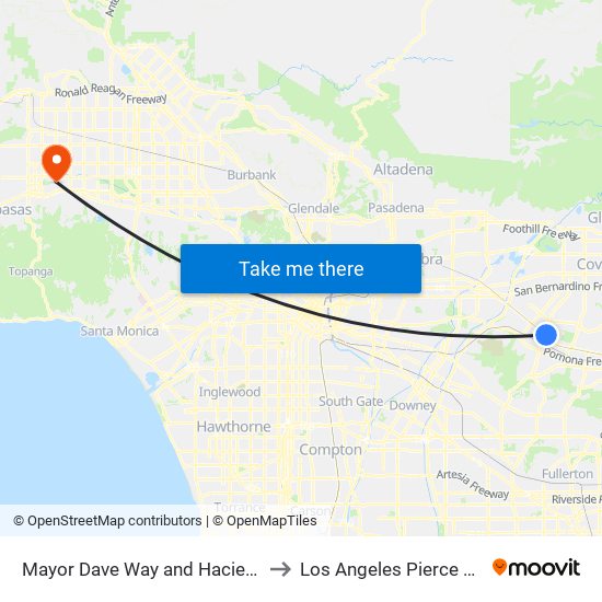 Mayor Dave Way and Hacienda Blvd to Los Angeles Pierce College map