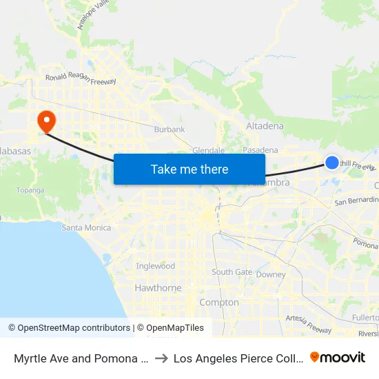 Myrtle Ave and Pomona Ave to Los Angeles Pierce College map