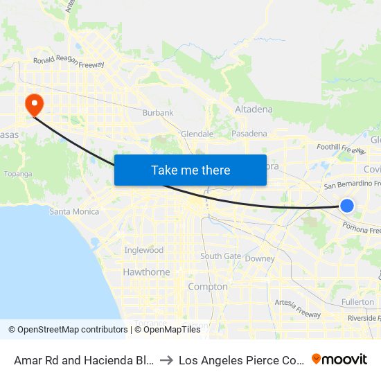 Amar Rd and Hacienda Blvd W to Los Angeles Pierce College map