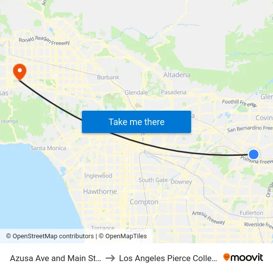 Azusa Ave and Main St S to Los Angeles Pierce College map