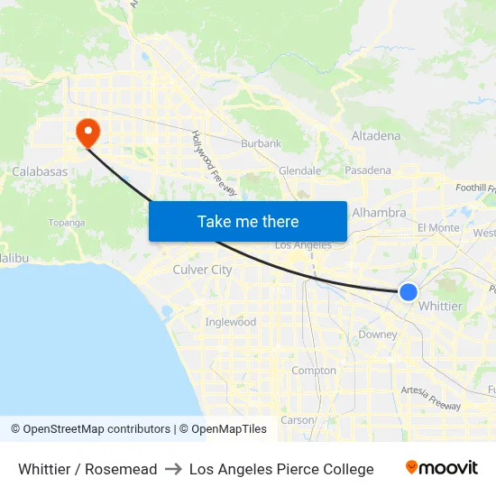 Whittier / Rosemead to Los Angeles Pierce College map