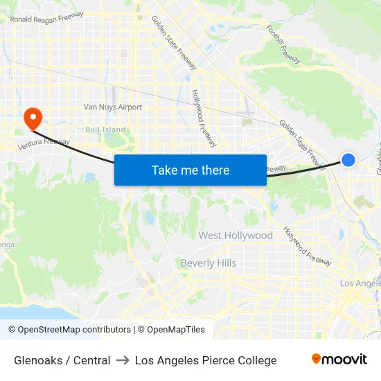 Glenoaks / Central to Los Angeles Pierce College map
