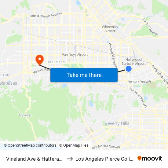 Vineland Ave & Hatteras St to Los Angeles Pierce College map
