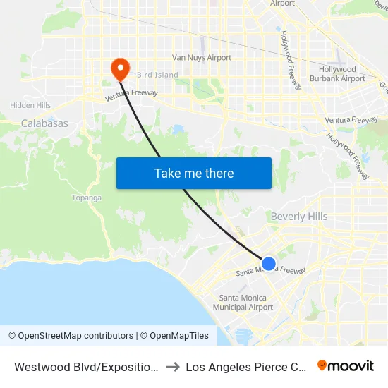 Westwood Blvd/Exposition Blvd to Los Angeles Pierce College map