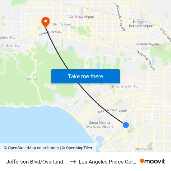 Jefferson Blvd/Overland Ave to Los Angeles Pierce College map