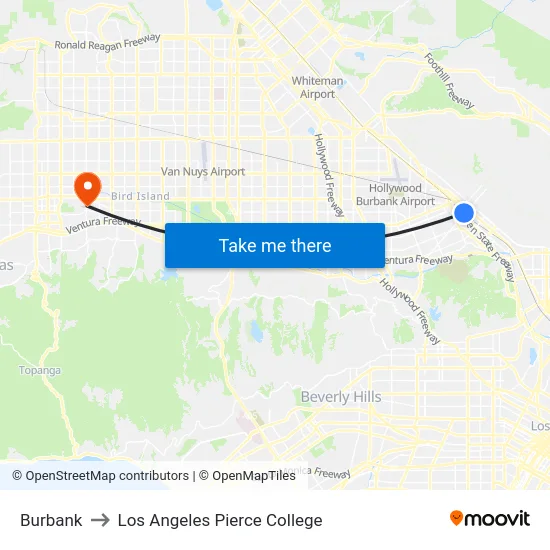 Burbank to Los Angeles Pierce College map