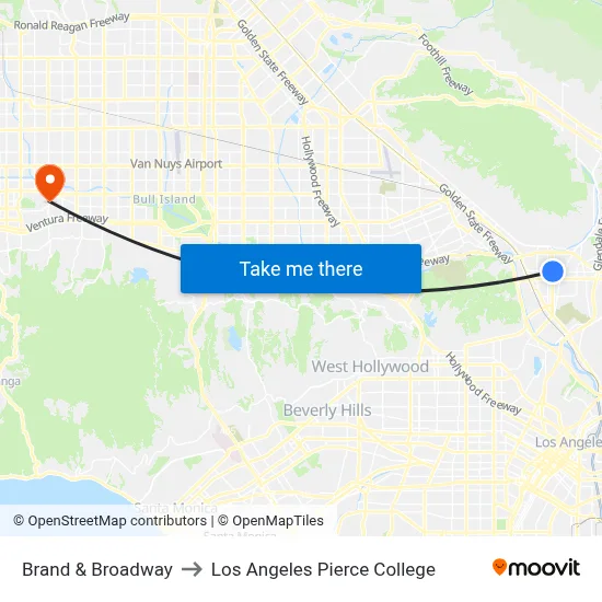 Brand & Broadway to Los Angeles Pierce College map