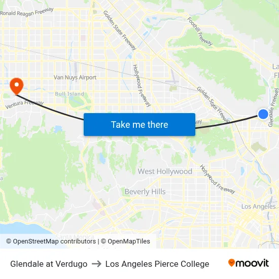 Glendale at Verdugo to Los Angeles Pierce College map