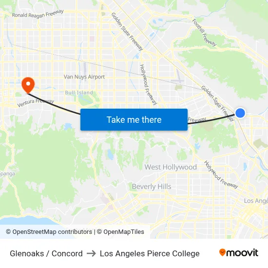 Glenoaks / Concord to Los Angeles Pierce College map