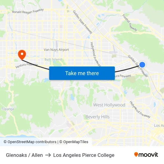 Glenoaks / Allen to Los Angeles Pierce College map