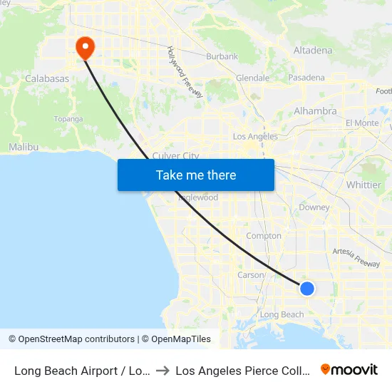 Long Beach Airport / Lot A to Los Angeles Pierce College map
