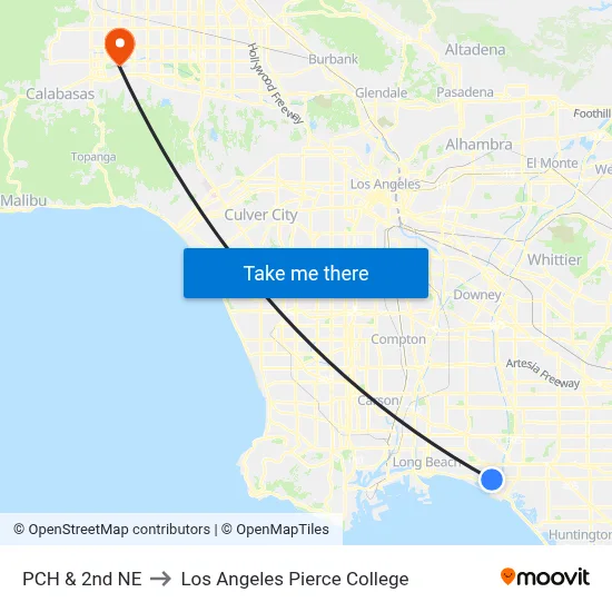 PCH & 2nd NE to Los Angeles Pierce College map