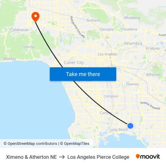 Ximeno & Atherton NE to Los Angeles Pierce College map
