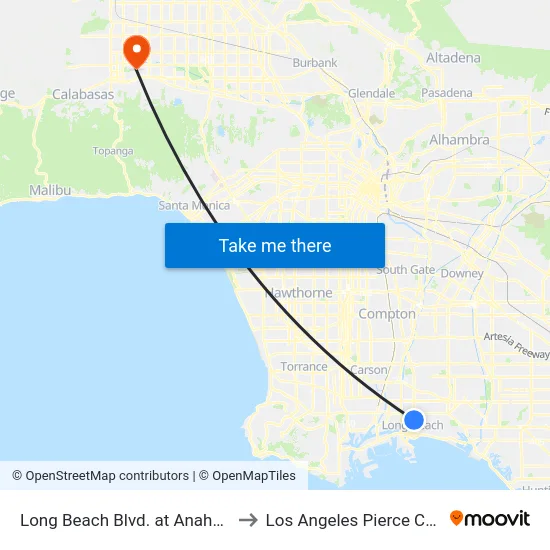 Long Beach Blvd. at Anaheim St. to Los Angeles Pierce College map