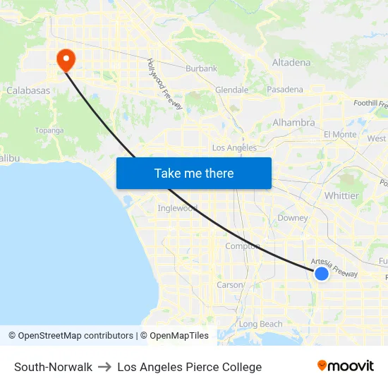 South-Norwalk to Los Angeles Pierce College map