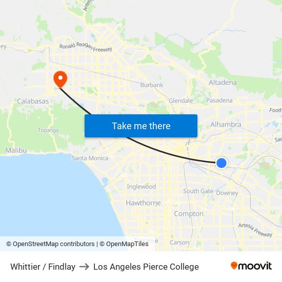 Whittier / Findlay to Los Angeles Pierce College map