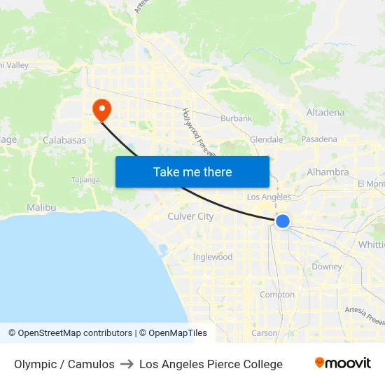 Olympic / Camulos to Los Angeles Pierce College map