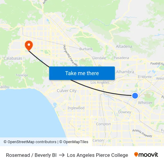 Rosemead / Beverly Bl to Los Angeles Pierce College map