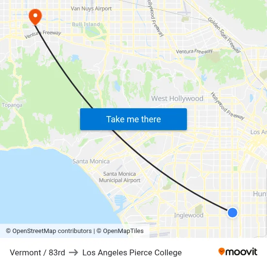 Vermont / 83rd to Los Angeles Pierce College map
