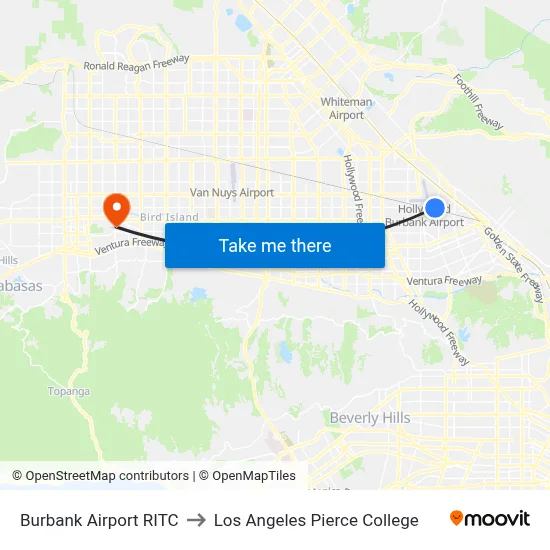 Burbank Airport RITC to Los Angeles Pierce College map