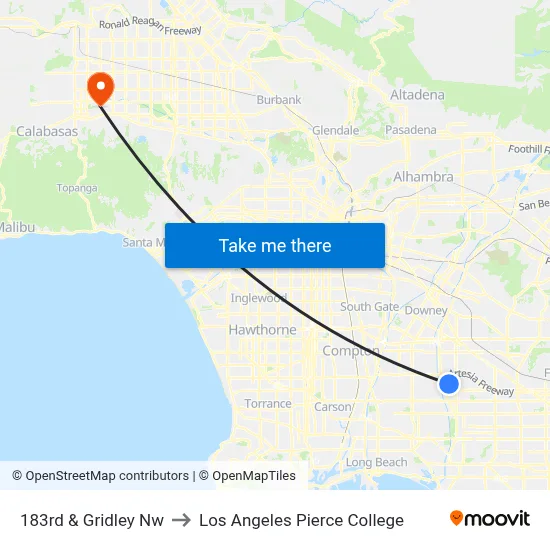 183rd & Gridley Nw to Los Angeles Pierce College map