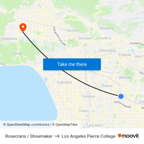 Rosecrans / Shoemaker to Los Angeles Pierce College map