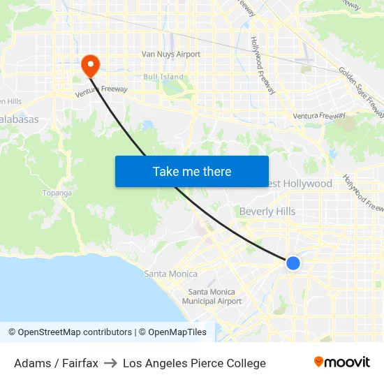 Adams / Fairfax to Los Angeles Pierce College map