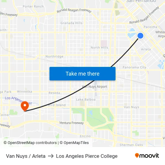 Van Nuys / Arleta to Los Angeles Pierce College map