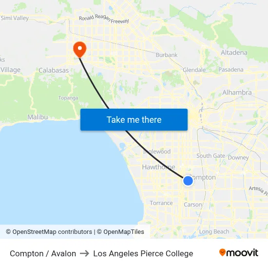 Compton / Avalon to Los Angeles Pierce College map