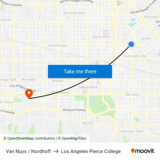 Van Nuys / Nordhoff to Los Angeles Pierce College map