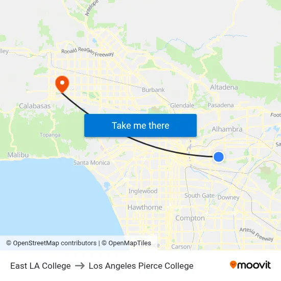 East LA College to Los Angeles Pierce College map