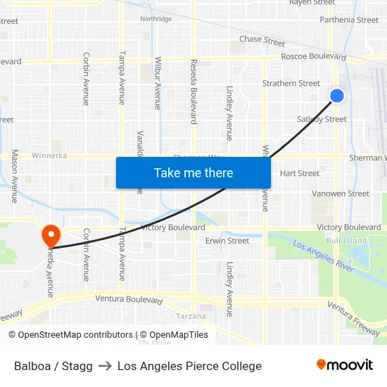 Balboa / Stagg to Los Angeles Pierce College map