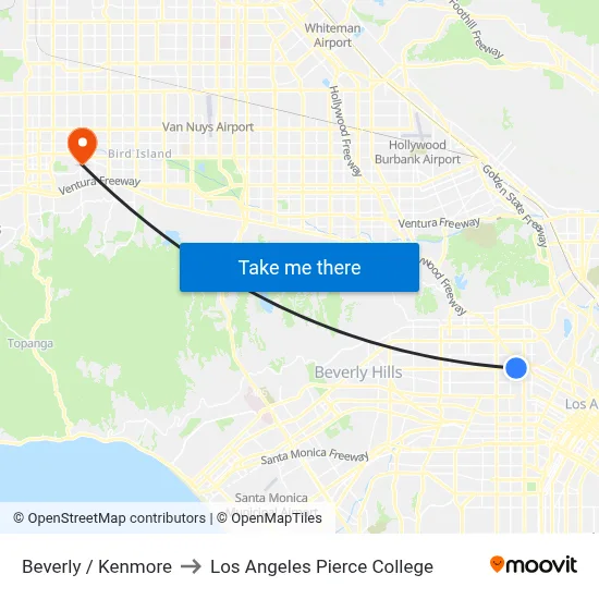 Beverly / Kenmore to Los Angeles Pierce College map