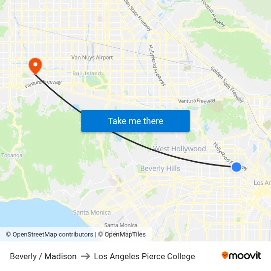 Beverly / Madison to Los Angeles Pierce College map
