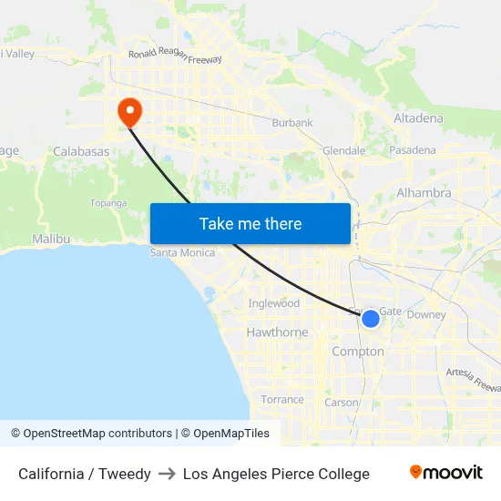California / Tweedy to Los Angeles Pierce College map