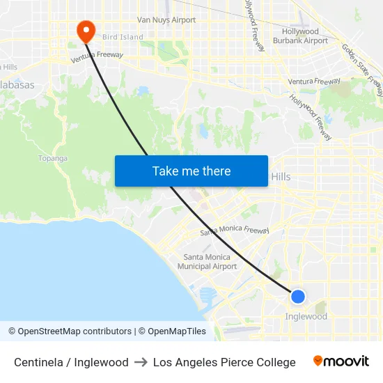 Centinela / Inglewood to Los Angeles Pierce College map
