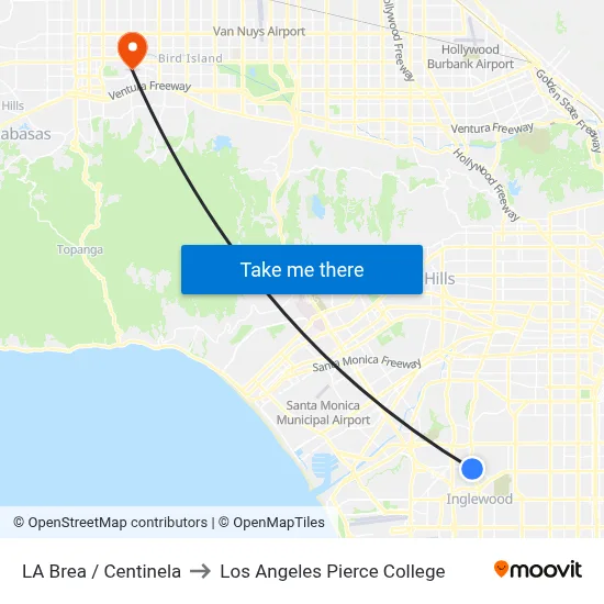 LA Brea / Centinela to Los Angeles Pierce College map
