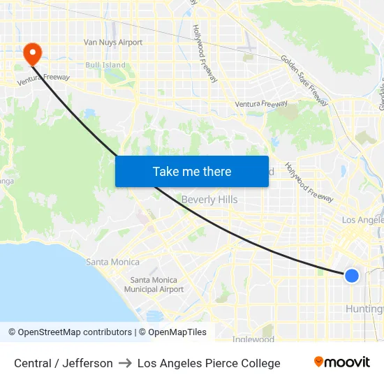 Central / Jefferson to Los Angeles Pierce College map