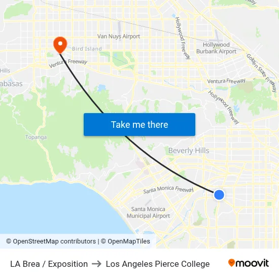 LA Brea / Exposition to Los Angeles Pierce College map