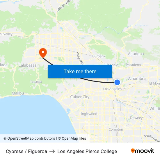 Cypress / Figueroa to Los Angeles Pierce College map