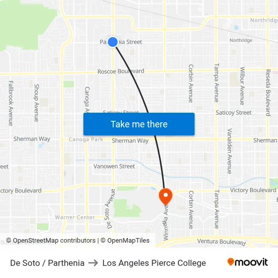 De Soto / Parthenia to Los Angeles Pierce College map