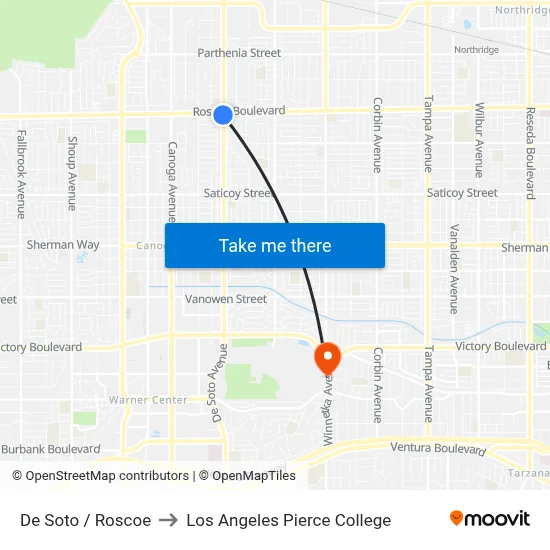 De Soto / Roscoe to Los Angeles Pierce College map