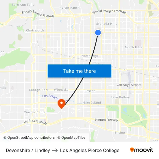Devonshire / Lindley to Los Angeles Pierce College map